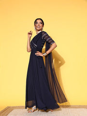Navy Blue Floral Embroidered Georgette Maxi Draped Dress - Inddus.com