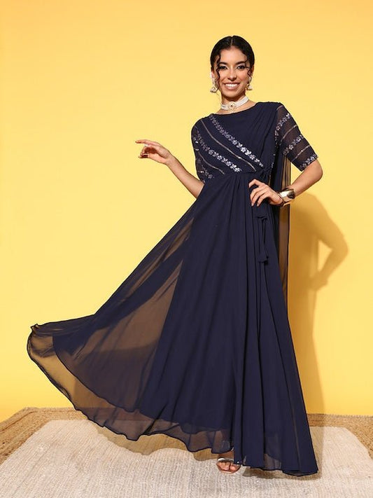 Navy Blue Floral Embroidered Georgette Maxi Draped Dress - Inddus.com
