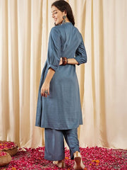 Navy blue Floral Embroidered Panelled Thread Work Kurta with Trousers - Inddus.com