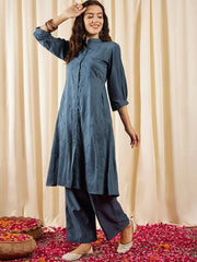 Navy blue Floral Embroidered Panelled Thread Work Kurta with Trousers - Inddus.com