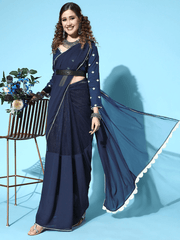 Navy Blue Georgette and Net Half Half Saree with Embroidered Blouse Piece - Inddus.com