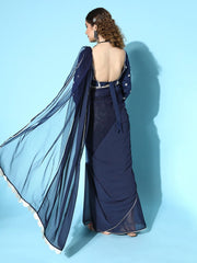 Navy Blue Georgette and Net Half Half Saree with Embroidered Blouse Piece - Inddus.com