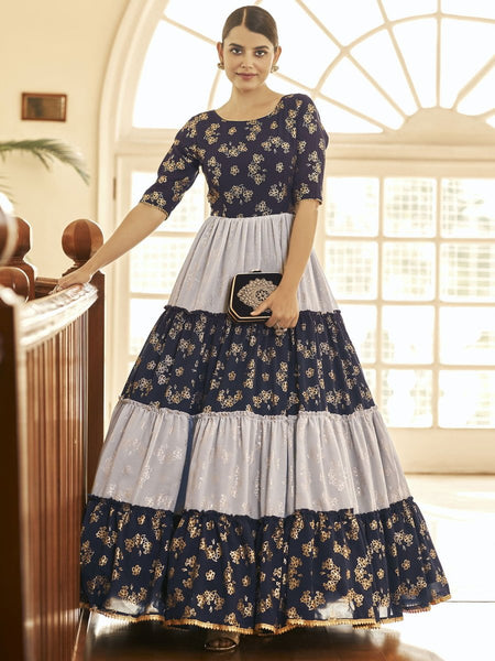 Buy Navy Blue Fancy Fabric Print Work Designer Gown | Gowns