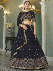 Navy Blue Georgette Embroidered Lehenga Choli - Inddus.com
