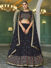 Navy Blue Georgette Embroidered Lehenga Choli - Inddus.com