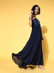 Navy Blue Georgette Embroidered Sequined Gown - Inddus.com
