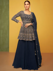 Navy Blue Georgette Partywear Embroidered Lehenga-Suit - Inddus.com