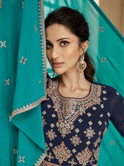 Navy Blue Georgette Partywear Embroidered Lehenga-Suit - Inddus.com