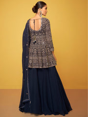 Navy Blue Georgette Partywear Embroidered Lehenga-Suit - Inddus.com