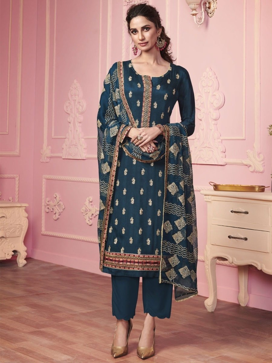 Navy Blue Georgette Partywear Embroidered Straight Cut Suit - inddus-us