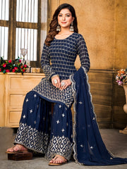 Navy Blue Georgette Partywear Sharara-Style-Suit - Inddus.com