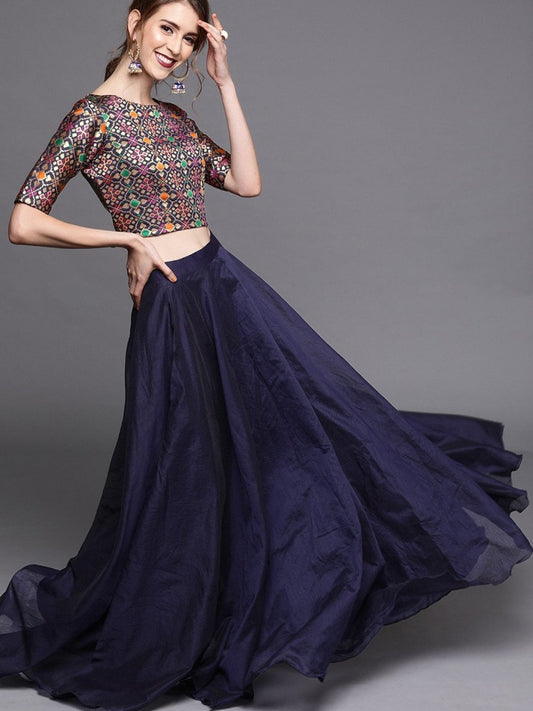 Navy Blue & Gold-Toned Woven Design Chanderi Ready to Wear Lehenga with Blouse - inddus-us