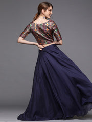 Navy Blue & Gold-Toned Woven Design Chanderi Ready to Wear Lehenga with Blouse - inddus-us