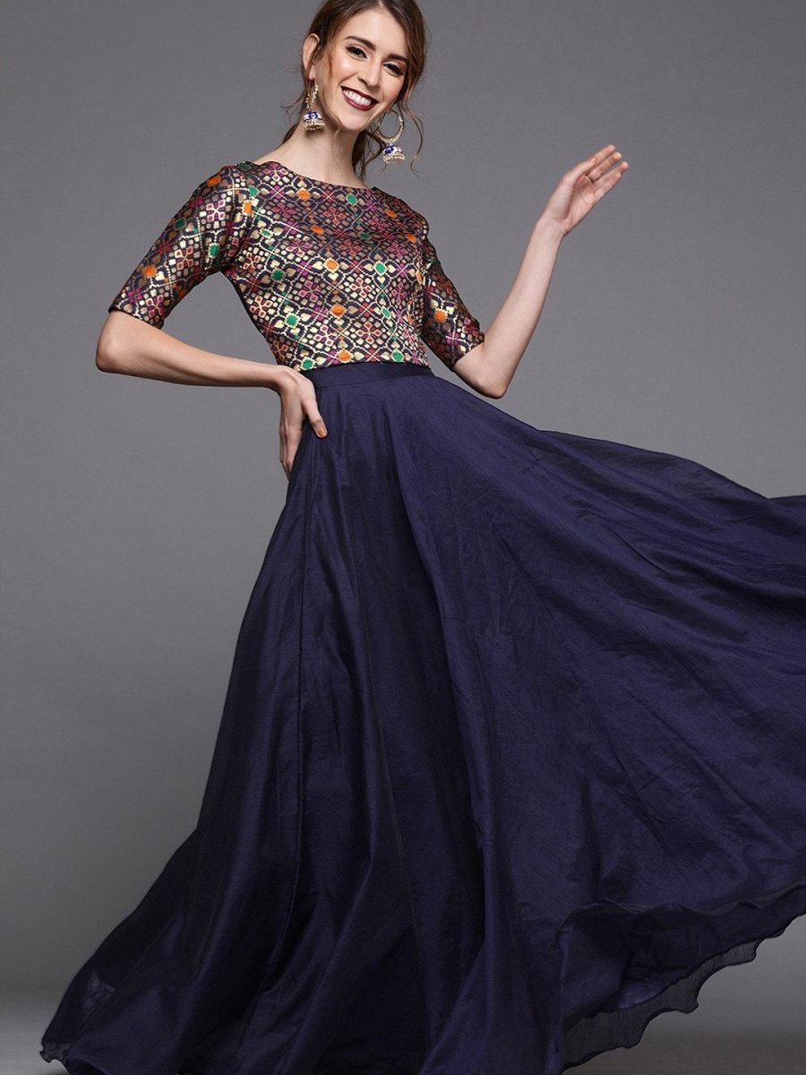 Navy Blue & Gold-Toned Woven Design Chanderi Ready to Wear Lehenga with Blouse - inddus-us