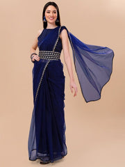 Navy Blue & Gold-Toned Zari Net Saree - Inddus.com