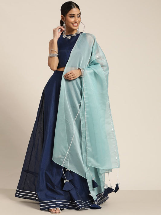 Navy Blue Gotta Detail Ready to Wear Cotton Lehenga & Blouse With Dupatta - Inddus.com