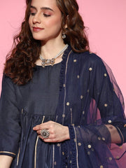 Navy Blue Gotta Detailing Panelled Kurta with Pants and Net Dupatta - Inddus.com