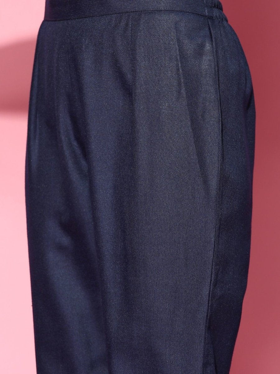 Navy Blue Gotta Detailing Panelled Kurta with Pants and Net Dupatta - Inddus.com