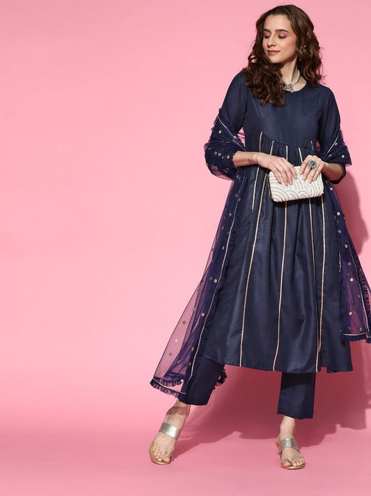 Navy Blue Gotta Detailing Panelled Kurta with Pants and Net Dupatta - Inddus.com