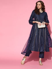 Navy Blue Gotta Detailing Panelled Kurta with Pants and Net Dupatta - Inddus.com