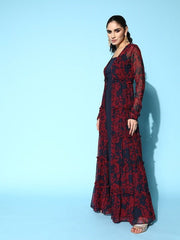 Navy Blue & Maroon Georgette Maxi Dress With Floral Printed Jacket - Inddus.com