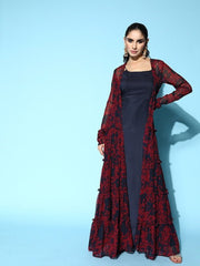 Navy Blue & Maroon Georgette Maxi Dress With Floral Printed Jacket - Inddus.com