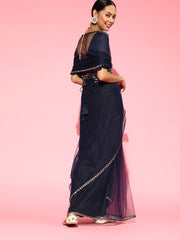 Navy Blue Net Saree and Embroidered Belt - inddus-us