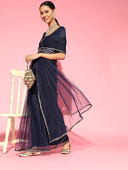Navy Blue Net Saree and Embroidered Belt - inddus-us