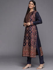 Navy Blue & Orange Printed Woven Pashmina Winter Wear Unstitched Dress Material - Inddus.com