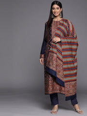 Navy Blue & Orange Printed Woven Pashmina Winter Wear Unstitched Dress Material - Inddus.com
