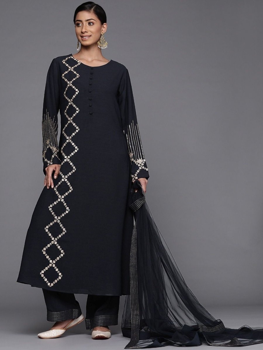 Navy Blue Polyester Embroidered Palazzo Suit - inddus-us