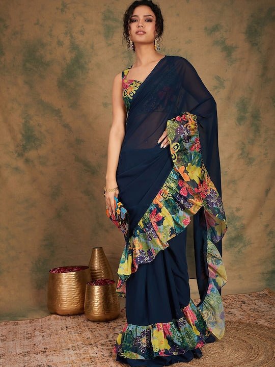 Navy Blue Printed Bordered Ruffles Saree