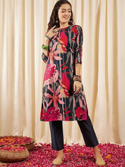 Navy blue, red & pink Floral Printed Regular Kurta With Trousers - Inddus.com
