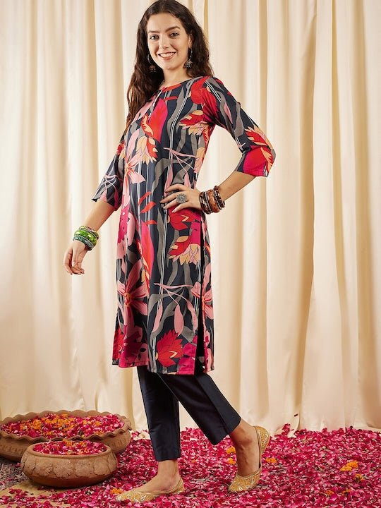 Navy blue, red & pink Floral Printed Regular Kurta With Trousers - Inddus.com