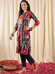 Navy blue, red & pink Floral Printed Regular Kurta With Trousers - Inddus.com