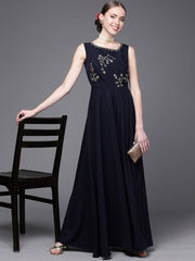 Navy Blue Satin Embroidered Gown - Inddus.com