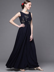 Navy Blue Satin Embroidered Gown - Inddus.com