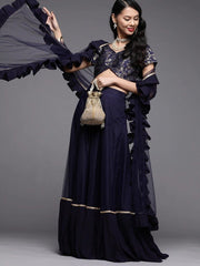 Navy Blue Silk Blend Woven Lehenga Choli - inddus-us