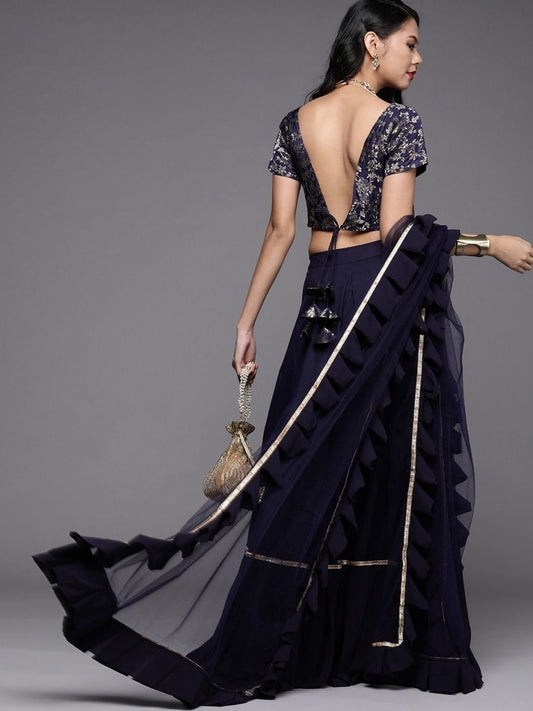 Navy Blue Silk Blend Woven Lehenga Choli - inddus-us