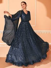 Navy Blue Silk Festive Gown - Inddus.com