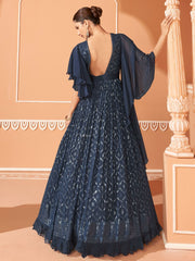 Navy Blue Silk Festive Gown - Inddus.com