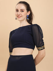 Navy Blue Solid Georgette Saree & Embellished Belt - Inddus.com