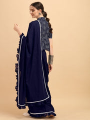 Navy Blue Solid Ruffled Border Saree with Printed Blouse - inddus-us