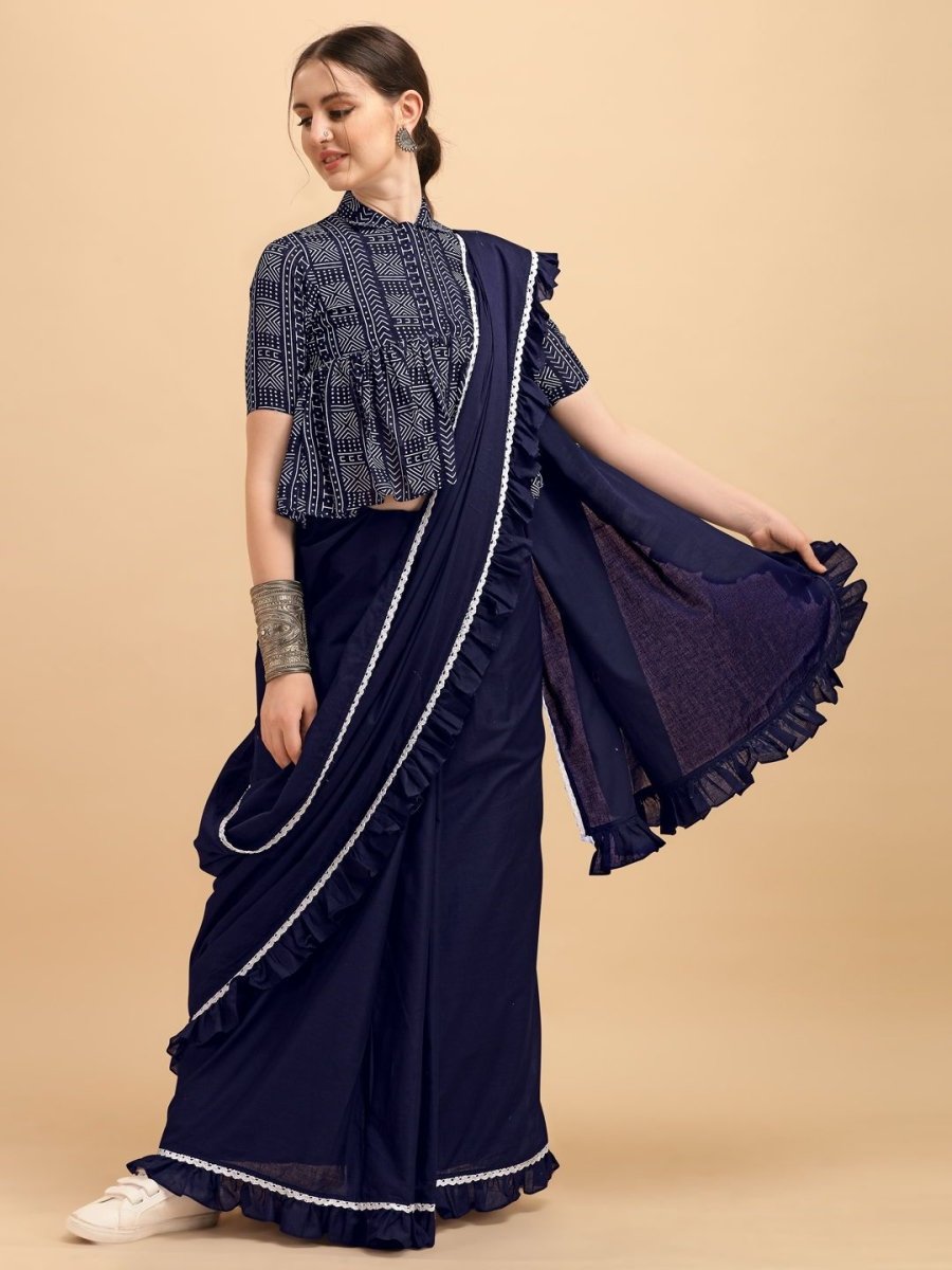 Navy Blue Solid Ruffled Border Saree with Printed Blouse - inddus-us