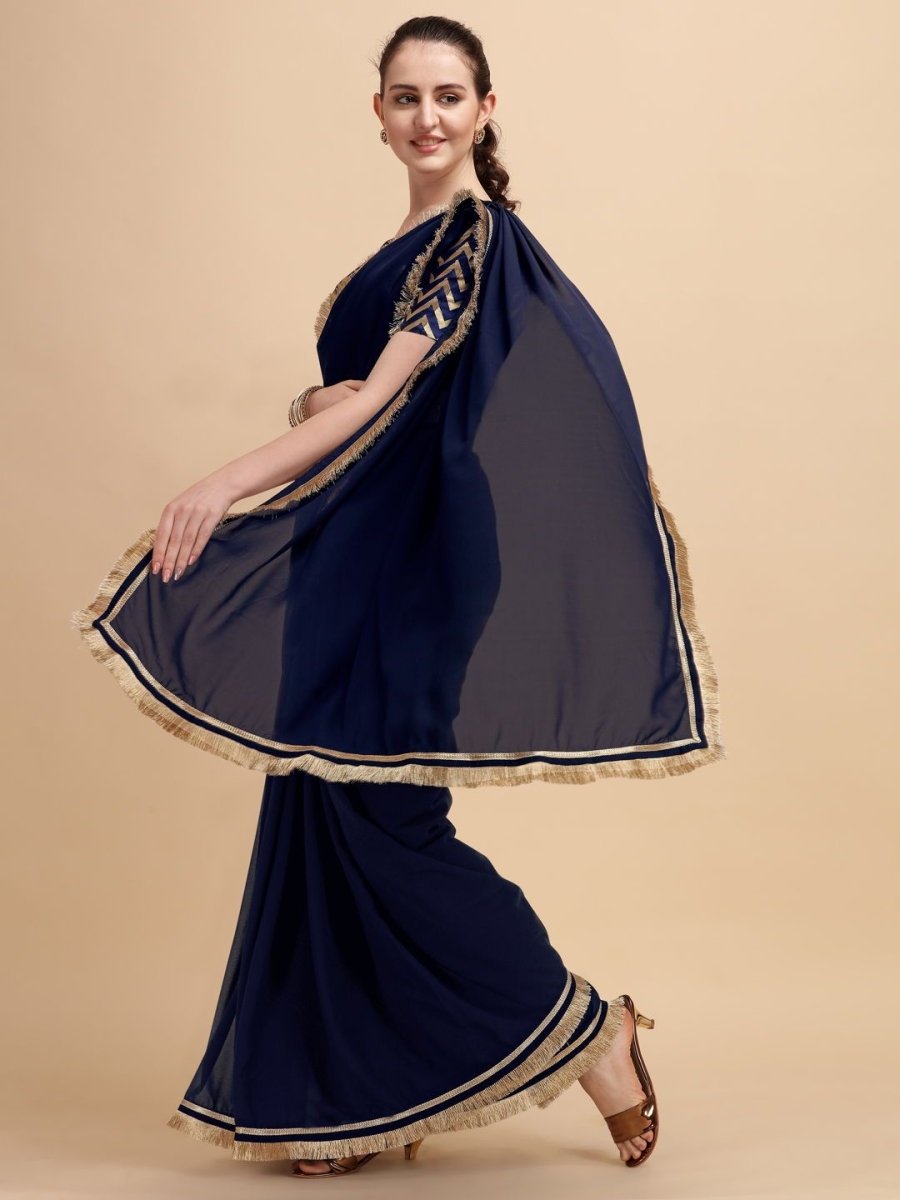 Navy Blue Solid Saree with Brocade Blouse - inddus-us