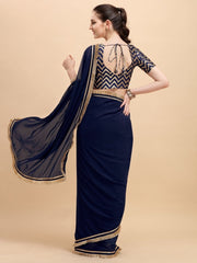 Navy Blue Solid Saree with Brocade Blouse - inddus-us