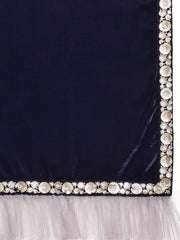 Navy Blue Velvet and Net Half and Half Embroidered Saree - Inddus.com