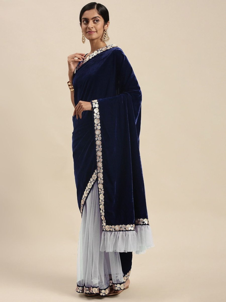 Navy Blue Velvet and Net Half and Half Embroidered Saree - Inddus.com