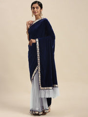 Navy Blue Velvet and Net Half and Half Embroidered Saree - Inddus.com