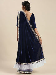 Navy Blue Velvet and Net Half and Half Embroidered Saree - Inddus.com